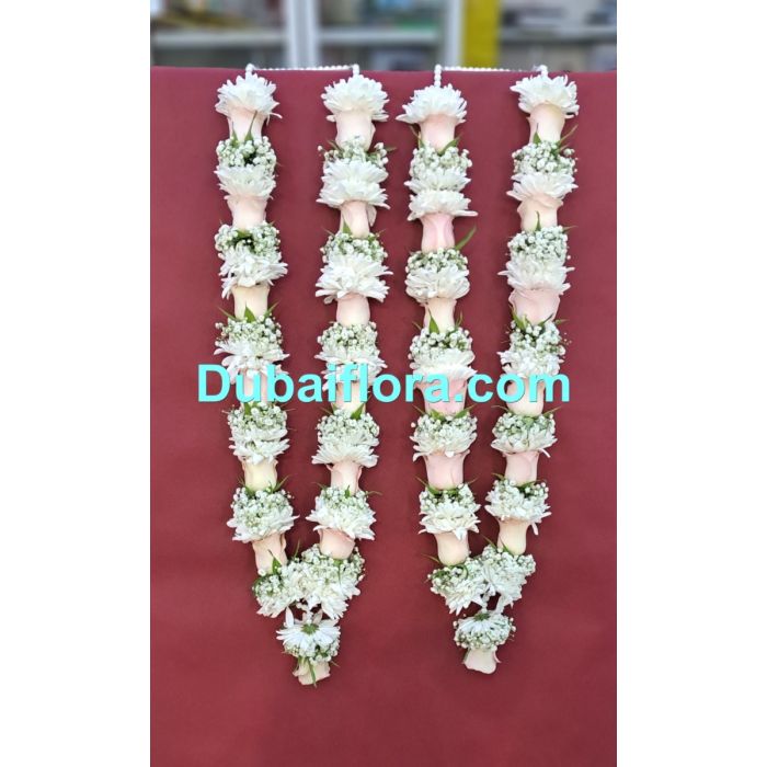 24-inch Pair fresh flower garland with gypsophila (baby's breath), white chrysanthemums, and peach roses
