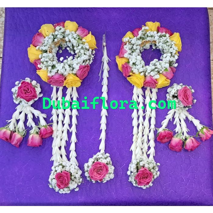 Bridal Jewelry Set with Pink, Yellow baby Roses & Gypsophila
