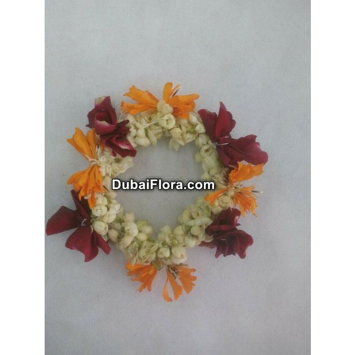 Jasmine Bracelet with Orange & Red Kangan – 2 Pieces Gajra (Fresh Flower Jewellery)
