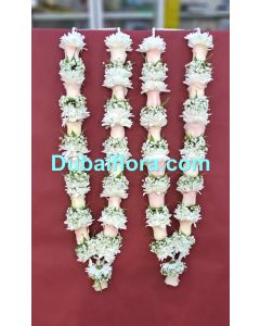  24-inch Pair fresh flower garland with gypsophila (baby's breath), white chrysanthemums, and peach roses
