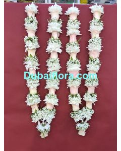  24-inch Pair fresh flower garland with gypsophila (baby&#039;s breath), white chrysanthemums, and peach roses