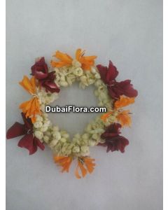 Jasmine Bracelet with Orange & Red Kangan – 2 Pieces Gajra (Fresh Flower Jewellery)
