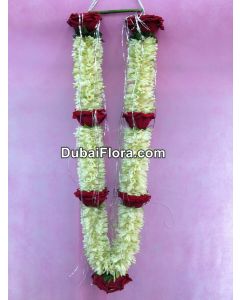 Fresh Tuberose and Red Roses Garland, 30 Inches