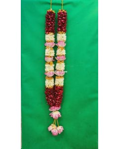 Traditional Fresh Garland &ndash; Pink Lotus, White Tuberose & Red Rose Petals (30 inches)